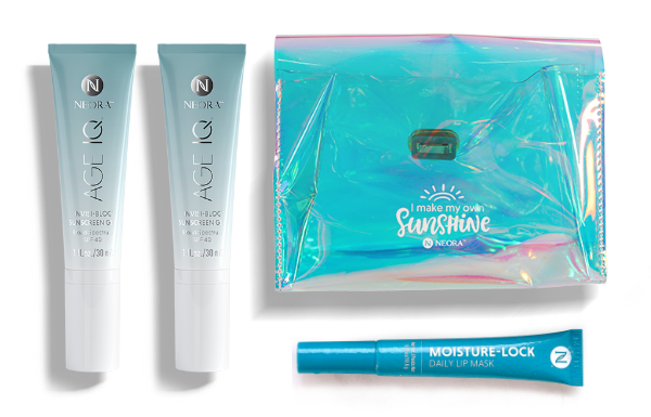 The Summer Skin Essentials Set includes two bottles Age IQ Invisi-Bloc SPF40 Sunscreen Gel, a Moisture Lock Lip Mask, and a FREE Holographic Travel Bag. 