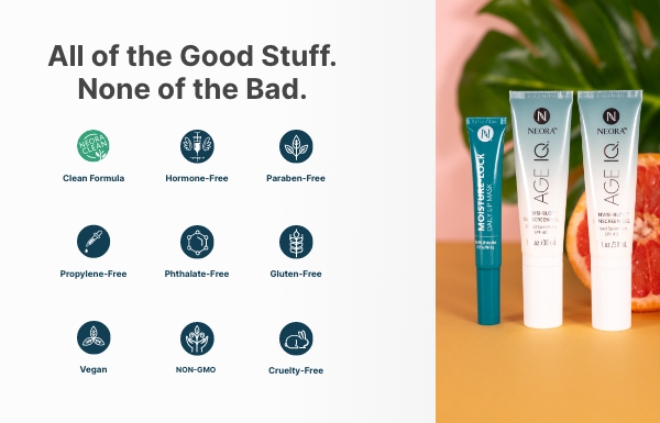 Icons showing how the products in the Summer Skin Essentials Set are free from harmful ingredients, including hormones, parabens, phthalate, propylene, gluten, GMOs and is cruelty-free and vegan.  